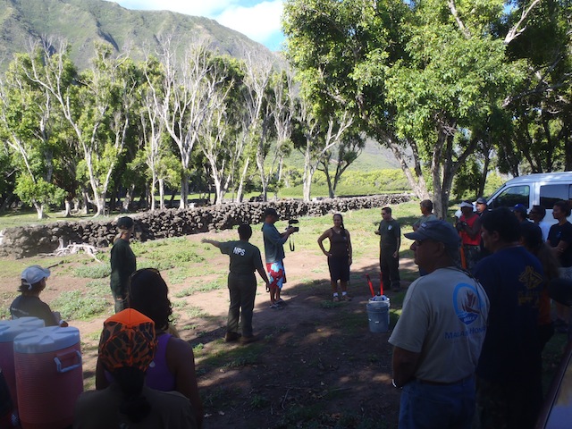 Kahaloko Cemetery. Crew members help with restoration work. Photo by Jenna Ishii