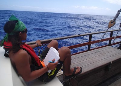 Duke Quitevis reflects on what he learned during his watch. His notes include observations about the responsiveness of the hoe and what he noticed when making slight adjustments on the sweep. While crossing the Channel, we were able to catch and ride waves by lifting the hoe, an incredible feeling often accompanied by a resounding, “Yewwwwww!”