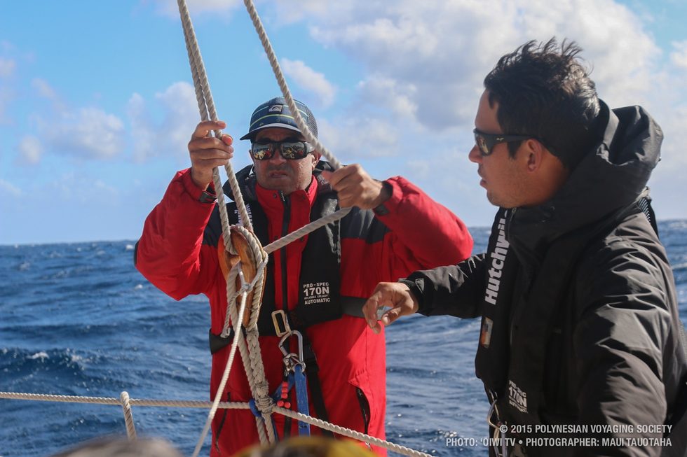 Kawika getting ready to tighten up a starboard shroud.