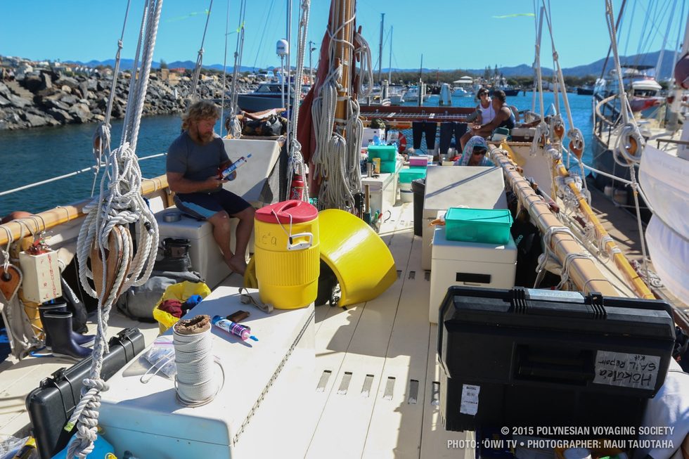 Working on deck in port.