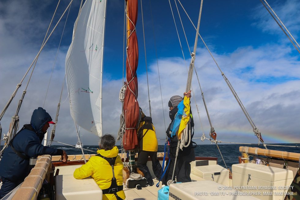 Putting up the jib to hold the bow out and help with steering while under tow.