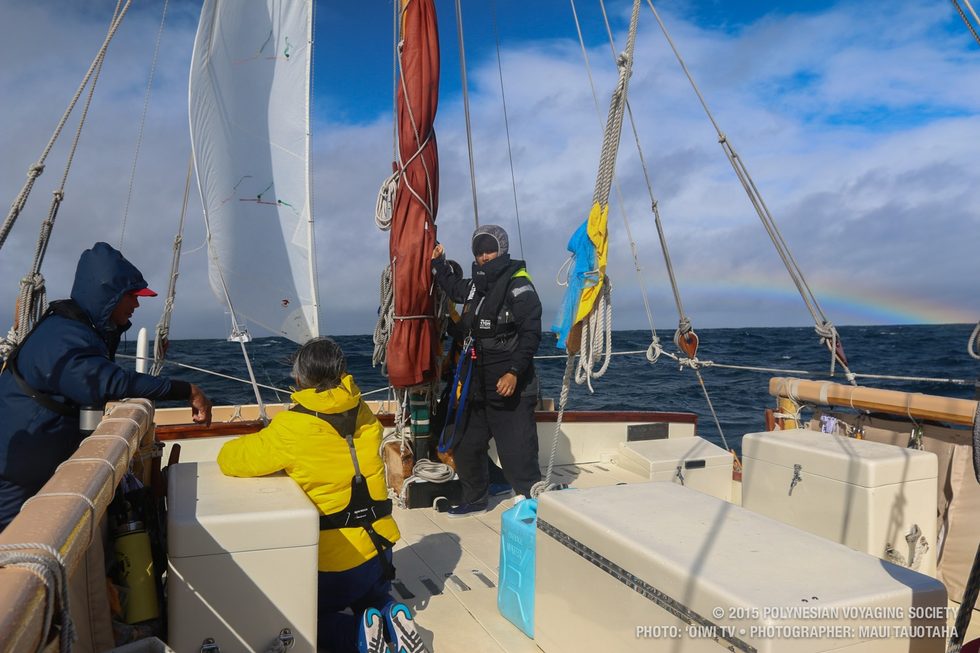 Putting up the jib to hold the bow out and help with steering while under tow.