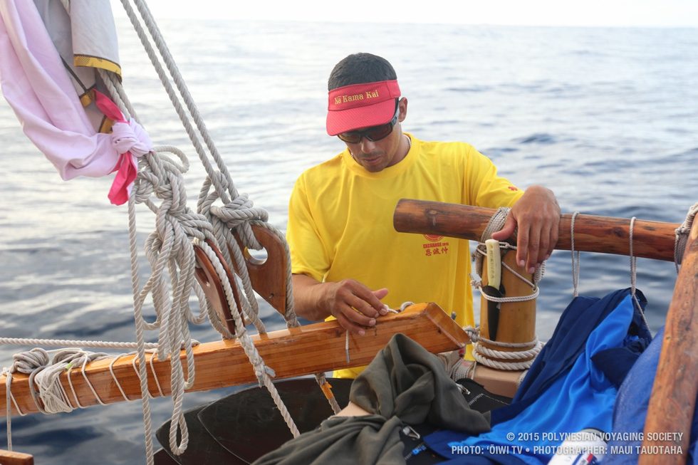 Duane fixing up the crab claw boom on the starboard cat walk.