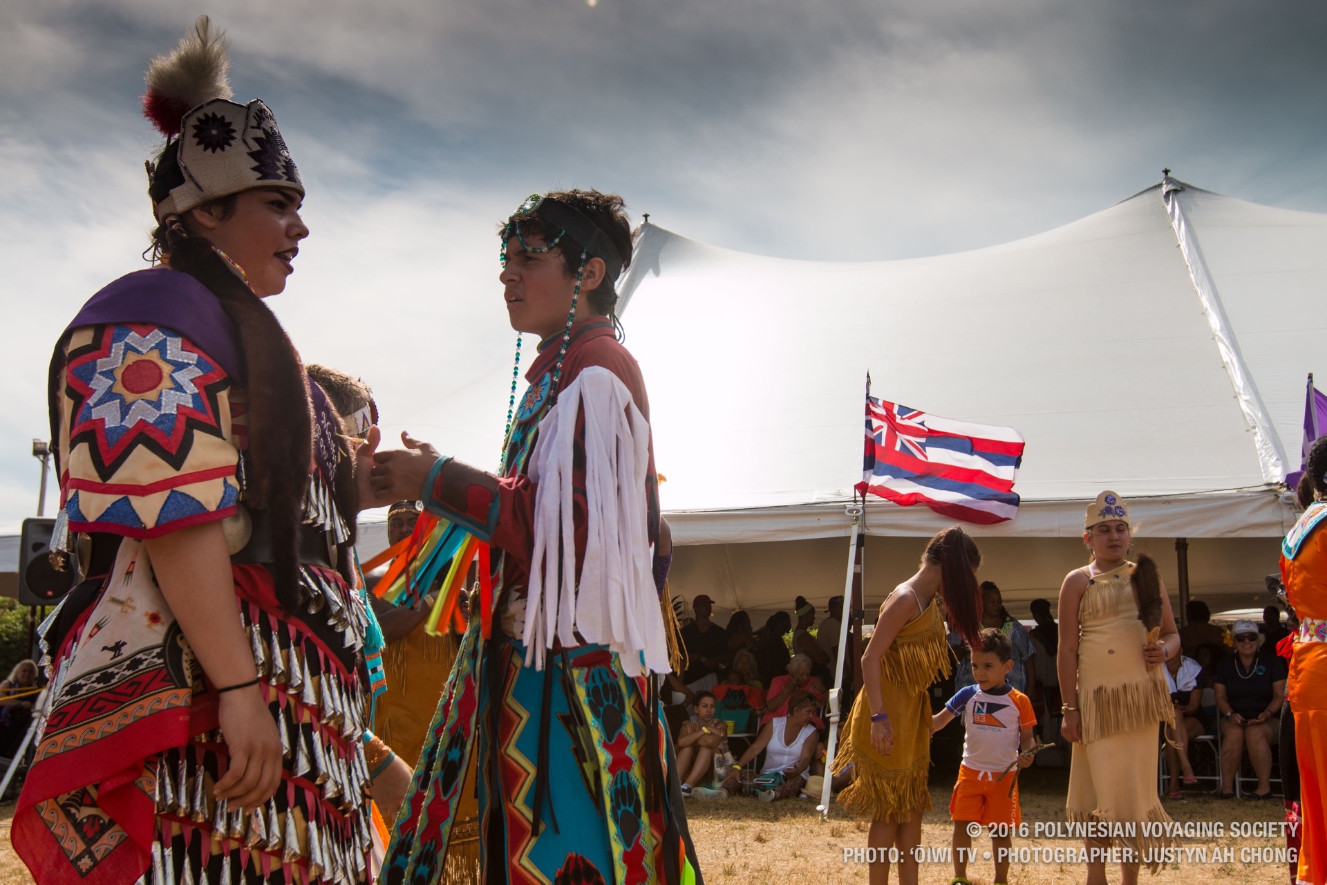 The hae Hawaiʻi, Hawaiian flag, was raised alongside the other Tribal Nation flags and remained raised throughout the duration of the Pow Wow. The first time in their 95 year Pow Wow history that something like this has happened.
