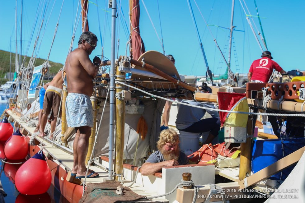 Captain and Crew working on Hōkūleʻa in port at Coffs Harbour, Australia.