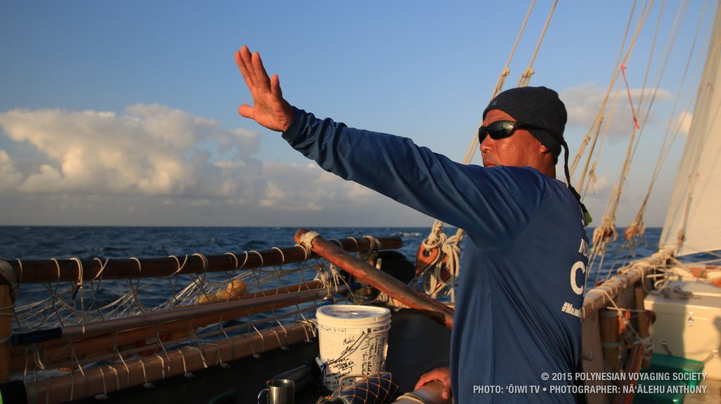 Apprentice navigator Tomo checking the height of the morning sun.